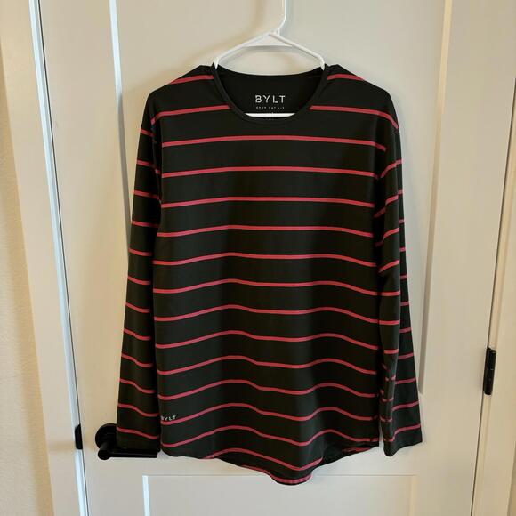 Men’s BYLT Basics Green And Red Striped Long Sleeve Shirt - Size M -Drop Cut Lux - Picture 1 of 6